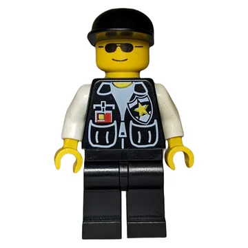 Policeman, Black Vest with Badge and Pockets, Black Cap, Sunglasses