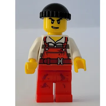 Criminal Joe Frankfurter, Red Overalls over Prison Shirt, Black Hat