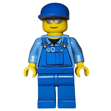 Man, Blue Overalls, Blue Cap, Silver Sunglasses
