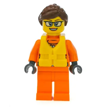 Coast Guard, Woman, Orange Jumpsuit, Yellow Life Vest, Reddish Brown Hair, Glasses