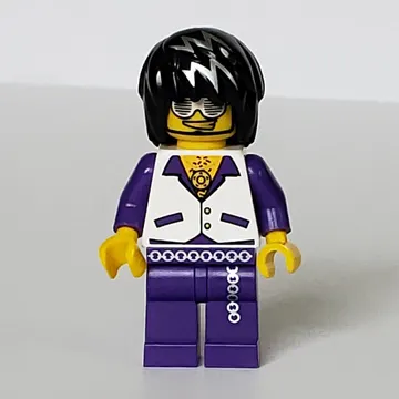 Musician, Man, White Vest over Dark Purple Shirt, Black Hair with Silver Streaks, Glasses