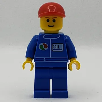 Mechanic, Blue Jumpsuit with Octan Logo, Red Cap, Smile, Reddish Brown Eyebrows