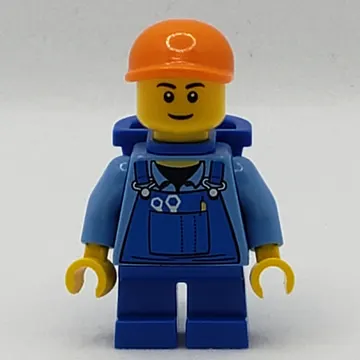 Boy, Blue Overalls, Short Blue Legs, Orange Cap, Reddish Brown Eyebrows