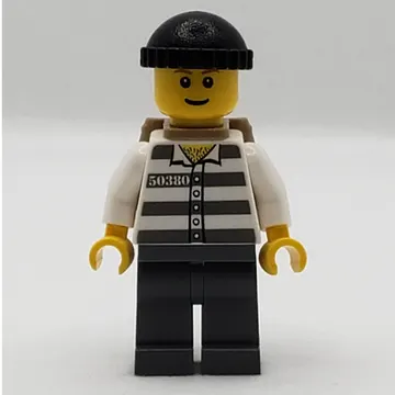 Criminal, Prison Shirt with #50380, Dark Bluish Gray Legs, Black Hat and Dark Tan Back Pack (3626bpr0387 Head)