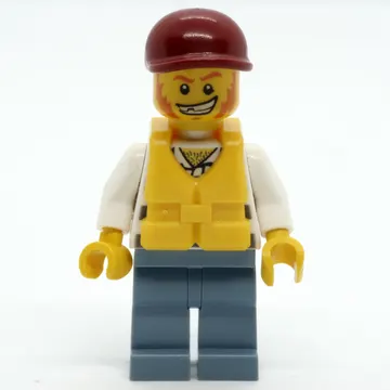 Criminal, Overalls over Prison Shirt, Dark Red Cap, Yellow Life Vest