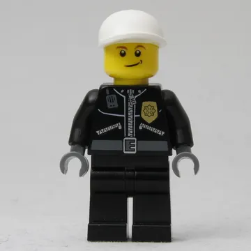 Policeman, Black Jacket with Zipper, Radio, Badge, and 'POLICE' on Back, White Cap (3626b Head)