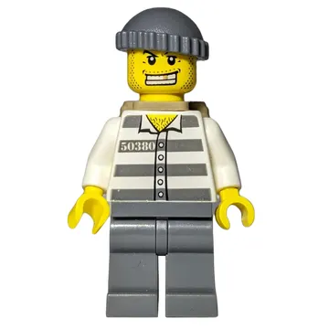 Criminal, Prison Shirt with #50380, Dark Bluish Gray Legs, Dark Bluish Gray Hat, Dark Tan Backpack, Gold Tooth