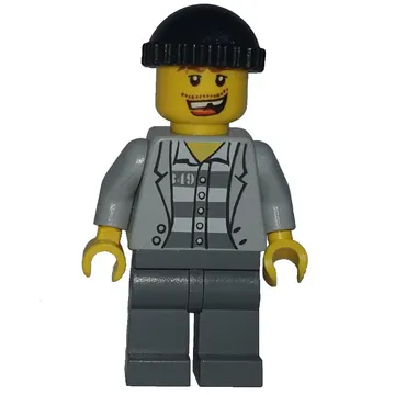 Criminal, Open Light Bluish Gray Jacket over Prison Shirt, Dark Bluish Gray Legs, Black Hat, Missing Tooth (3626b Head)