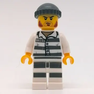 Criminal, Prison Shirt with #86753, Black Legs, Dark Bluish Gray Hat, Stubble and Mutton Chops