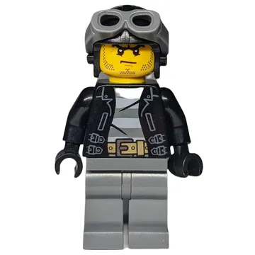Criminal, Open Black Jacket over Prison Shirt, Dark Bluish Grey Legs, Black Hat with Goggles