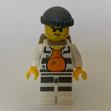 Criminal, Open Prison Shirt #18675 over Orange Top, Dark Bluish Gray Hat, Dark Tan Backpack, Stubble