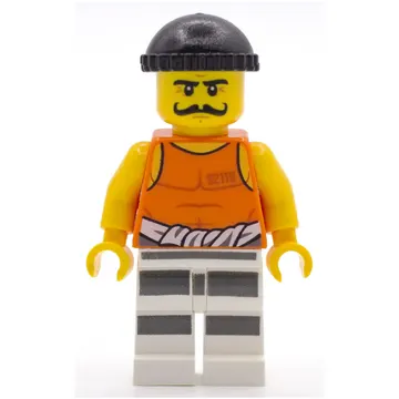 Criminal Simon Sin, Orange Vest with #92116 and Waist Tied Prison Shirt, Black Hat, Moustache