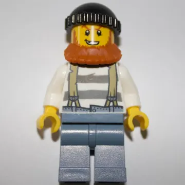 Criminal, Prison Shirt with Suspenders, Black Hat, Dark Orange Beard