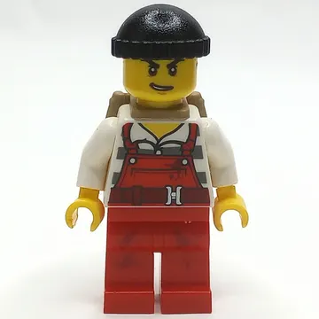 Criminal Joe Frankfurter, Red Overalls over Prison Shirt, Black Hat, Dark Tan Backpack