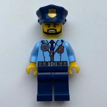 Policeman, Bright Light Blue Jacket with Zipper, Radio, Badge, and Tie, Dark Blue Legs, Dark Blue Police Hat with Badge, Beard