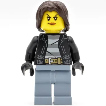Criminal Monica Million, Woman, Open Black Jacket over Prison Shirt, Dark Brown Hair