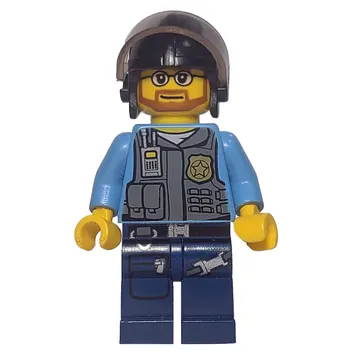Policeman, Dark Bluish Gray Vest with Radio, Badge and Pouches over Medium Blue Shirt, Black Helmet with Visor, Beard and Glasses