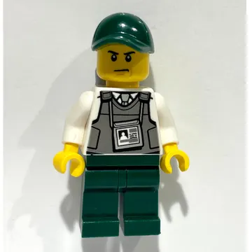 Security Guard, Dark Bluish Gray Vest with ID Badge, Dark Green Cap