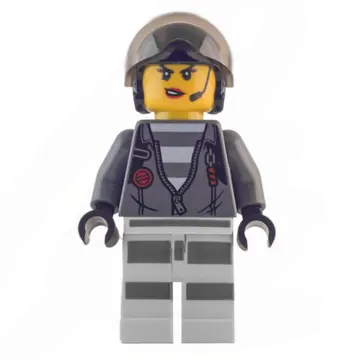 Criminal, Woman, Open Dark Bluish Gray Jacket with Zipper over Prison Shirt, Black Helmet with Visor