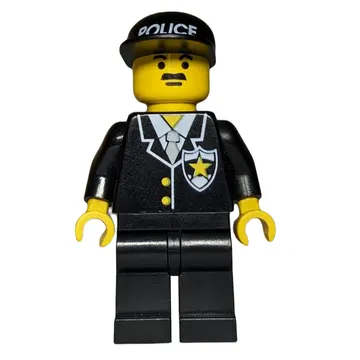 Policeman, Black Suit with Tie and Badge, Black Cap with 'POLICE', Moustache