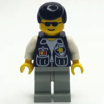 Policeman, Black Vest with Badge and Pockets, Black Hair, Sunglasses