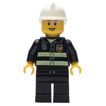 Fireman, Black Fire Jacket with Reflective Stripes, Radio, and Badge, White Helmet, Glasses