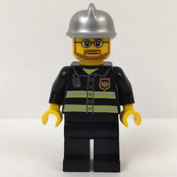 Fireman, Black Fire Jacket with Reflective Stripes, Radio, and Badge, Silver Helmet, Beard and Glasses