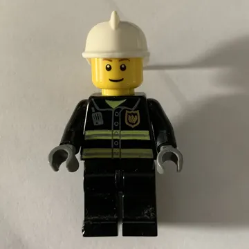 Fireman, Black Fire Jacket with Reflective Stripes, Radio, and Badge, White Helmet, Brown Eyebrows
