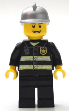 Fireman, Black Fire Jacket with Reflective Stripes, Radio, and Badge, Silver Helmet