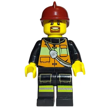 Fireman, Orange Safety Vest with Radio, Dark Red Helmet, Goatee Beard