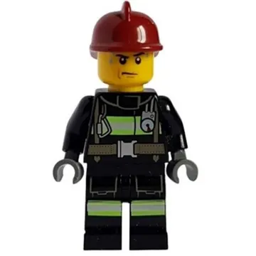 Fireman, Black Fire Suit with Gauge and Straps, Dark Red Helmet, Sweat Drops