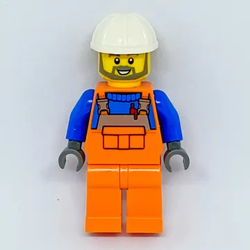 Construction Worker, Orange Overalls over Blue Sweater, White Hard Hat, Beard