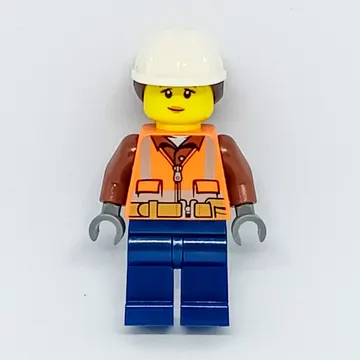 Construction Worker, Woman, Orange Safety Vest with Zipper and Pockets, White Hard Hat with Hair