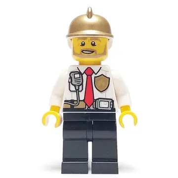 Fireman, White Shirt with Red Tie, Badge, and Radio on Pocket, Gold Helmet, Beard