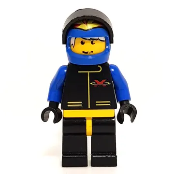 Racer, Extreme Team, Black Jacket, Blue Helmet with Flames and Visor