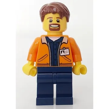 Man, Open Orange Jacket over Dark Blue Shirt, Reddish Brown Hair, Goatee Beard