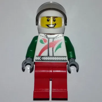 Racer, White and Green Jacket with Octan Logo, Red Legs, White Helmet with Trans-Brown Visor