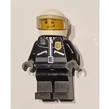 Policeman, Black Jacket with Zipper, Radio, and Badge, White Helmet and Visor, Brown Eyebrows