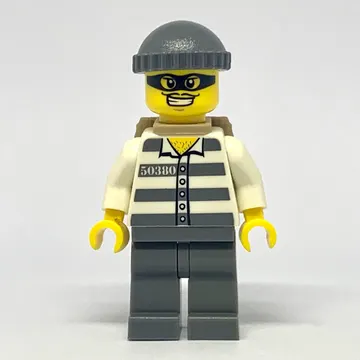 Criminal, Prison Shirt with #50380, Dark Bluish Gray Legs, Dark Bluish Gray Hat, Backpack, Black Eyemask