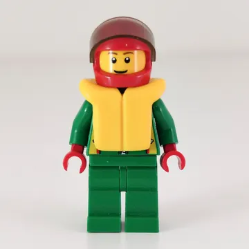 Racer, Green Jacket with Zipper and Octan Logo, Red Helmet with Visor, Yellow Life Vest