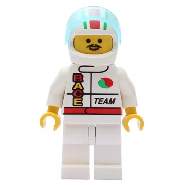Racer, White Jacket with Octan Logo and 'RACE' and 'TEAM', White Helmet with Stripes and Visor, Moustache