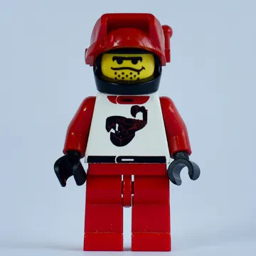 Racer, Red and White Outfit with Scorpion, Black Helmet with Visor with Antenna