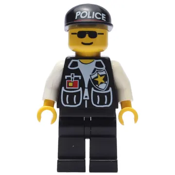 Policeman, Black Vest with Badge and Pockets, Black Cap with 'POLICE', Sunglasses
