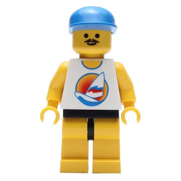 Man, White Tank Top with Windsurfer, Yellow Legs, Blue Cap, Moustache