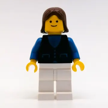 Woman, Black Vest over Blue Top, White Legs, Brown Hair