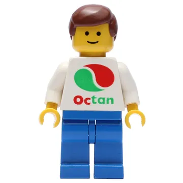 Man, White Top with Large Octan Logo, Blue Legs, Reddish Brown Hair