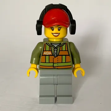 Train Worker, Woman, Orange Safety Vest with Train Logo over Olive Green Hoodie, Light Bluish Gray Legs, Red Cap with Ear Defenders