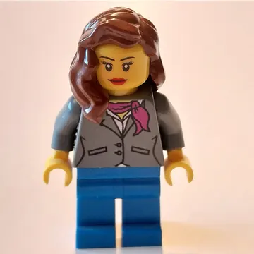 Woman, Dark Bluish Gray Jacket with Magenta Scarf, Blue Legs, Reddish Brown Hair