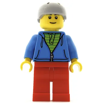 Man, Open Dark Azure Hoodie over Lime Shirt, Red Legs, Light Bluish Gray Helmet