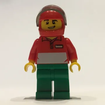 Pizza Delivery Man, Red and White Polo Shirt, Green Legs, Red Helmet with Visor